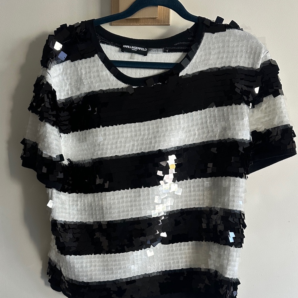 Karl Lagerfeld Black and White Striped Short Sleeve Sequin Tee